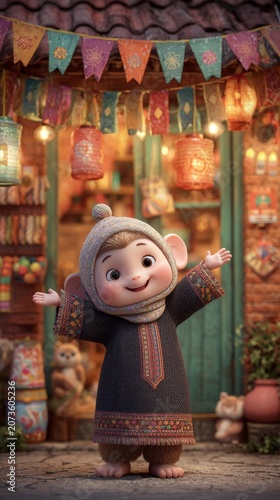 Cute baby monkey wearing traditional clothing stands in front of a decorated shop with lanterns and flags