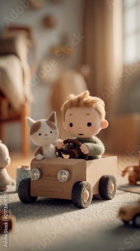 Cute boy and kitten playing together in a toy car made of cardboard in a room