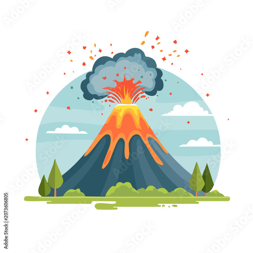 Flat illustration of a volcano erupting with lava and smoke