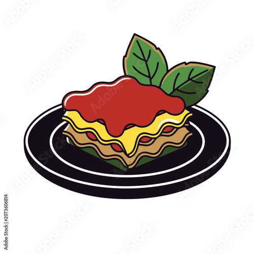 Flat illustration of lasagna slice on black plate