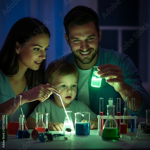 Happy family cooking together in modern kitchen.