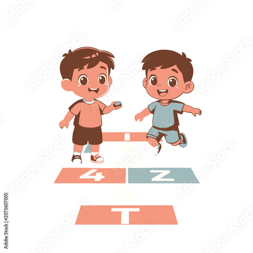 Cartoon boys playing hopscotch game