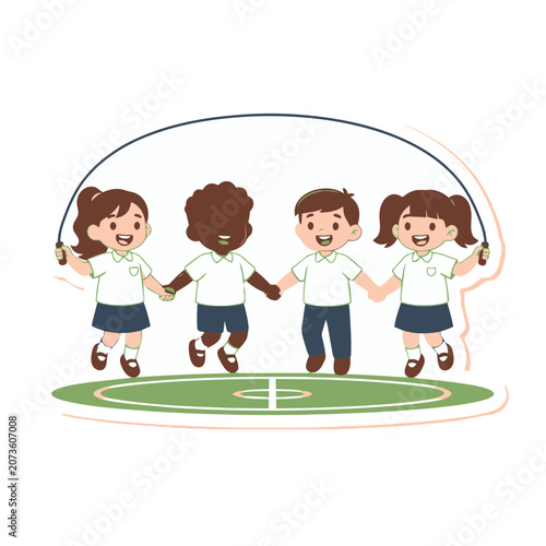 Cartoon children jumping rope in school uniforms