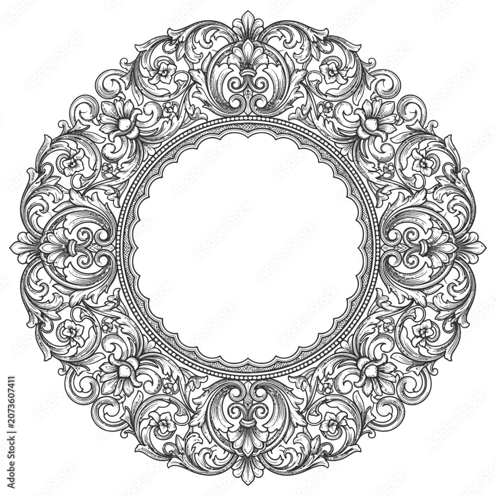 Obraz premium Baroque Floral Round Ornament Frame for Design
