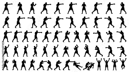 Canvas-taulu Collection of boxer silhouettes in fighting and victory stances