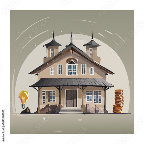 Illustration of a house with a light bulb and coins
