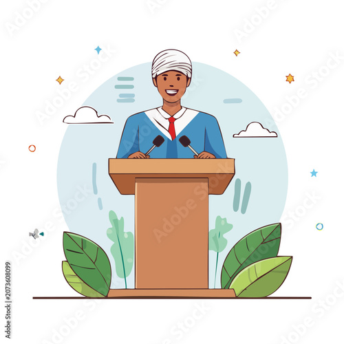 Man giving speech at podium with microphones