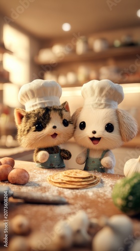 Cute chibi kitten and puppy wearing chef hats and aprons in a kitchen with ingredients