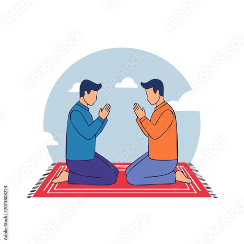 Two men kneeling and praying on a prayer mat