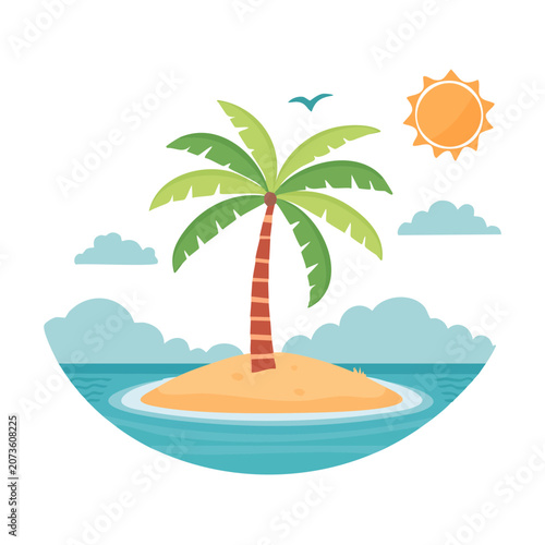 Tropical island with palm tree and sun illustration