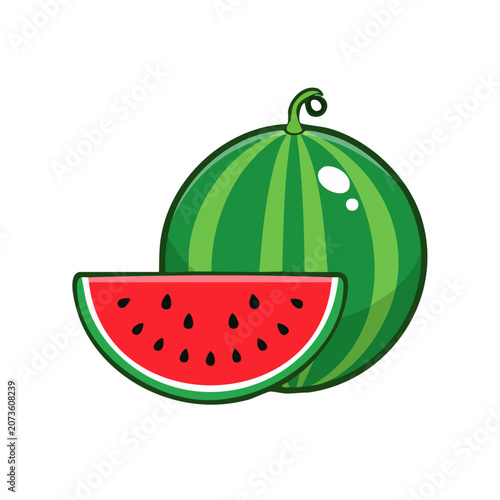 Watermelon and Slice Flat Vector Illustration