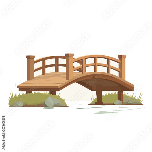 Wooden arched bridge over water illustration