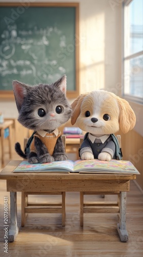 Cute chibi kitten and puppy wearing school uniforms sit together at a wooden desk with an open book