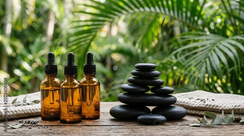 Amber Glass Essential Oil Bottles and Zen Stone Stack for Spa Relaxation