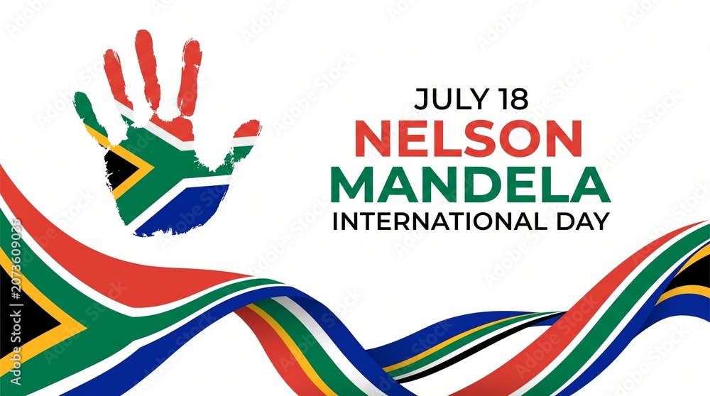 Obraz premium Nelson Mandela International Day logo with colorful handprint