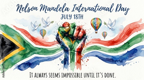 Nelson mandela international day watercolor illustration with south african flag