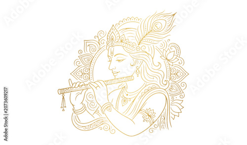 Canvastavla Minimal Lord Krishna monoline vector illustration on black background