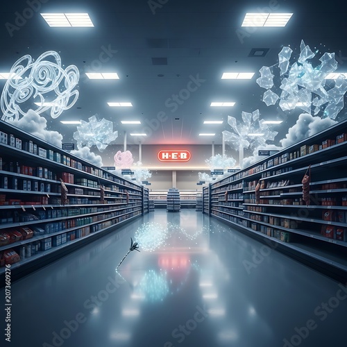 Abandoned supermarket with surreal clouds.