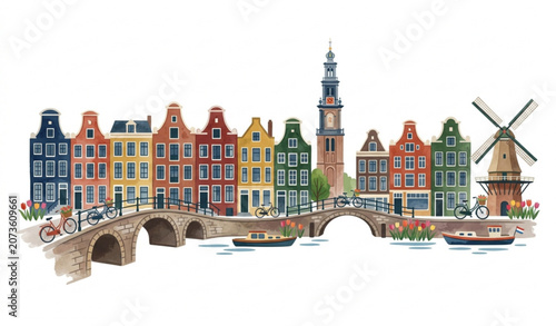 Картината върху платно Panoramic Netherlands travel illustration in watercolor featuring canal boats, vintage bicycle, and traditional architecture
