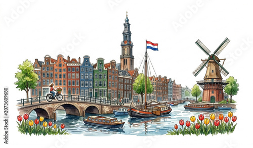 Bild auf Leinwand Beautiful Netherlands cityscape in watercolor featuring canal boat, tulips, and traditional Dutch architecture