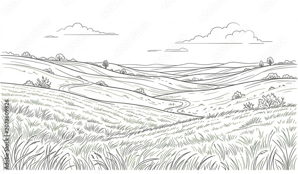 Fototapeta premium Hand drawn sketch of rolling hills landscape with rural fields and clouds in line art style