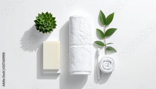 A top view of soap, a rolled towel, and a small plant on a white surface