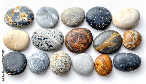 A collection of colorful rocks and stones arranged in rows on a surface.