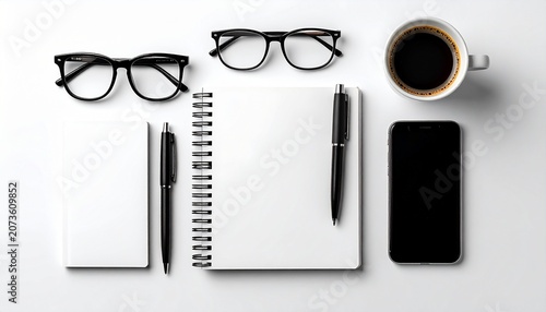 A cluttered desk with office supplies and gadgets on a white surface