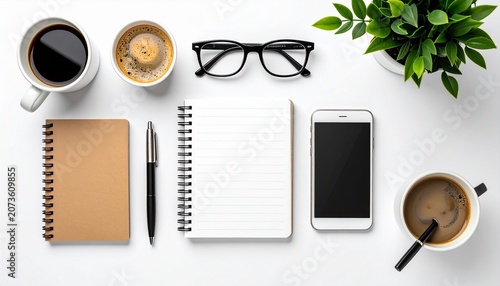 A cluttered desk with office supplies and drinks from a top viewpoint