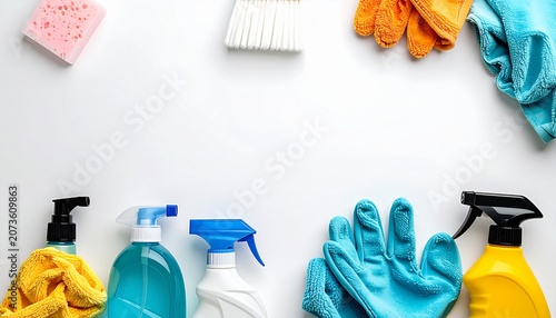 Cleaning supplies and protective gear laid out on a surface for use