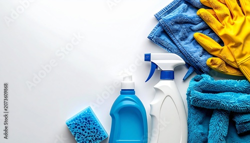 Cleaning supplies and tools are laid out on a surface