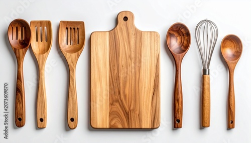 A kitchen scene with wooden utensils and cutting board on a table