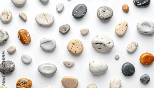 A collection of various smooth rocks and pebbles are scattered on a white surface.