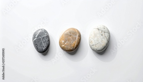 Three colorful stones are arranged side by side on a surface