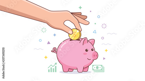 Pink Piggy Bank Being Coined For Savings.