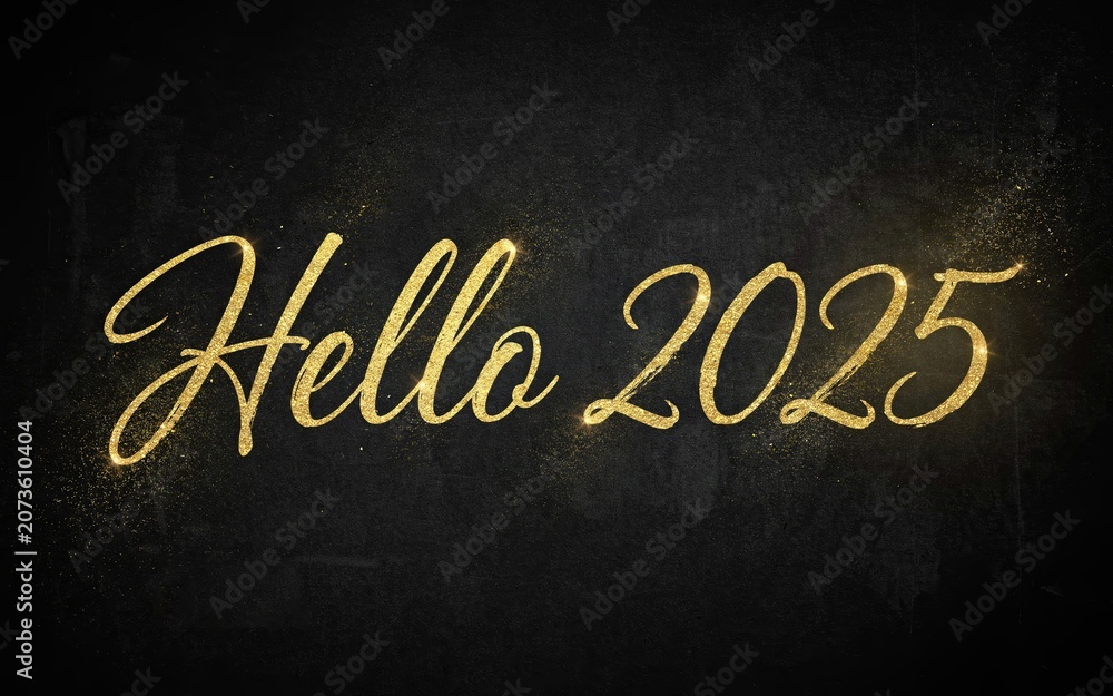 Fototapeta premium Golden text hello 2025 glowing on black textured background.