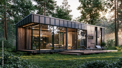 Modern modular eco-house in the forest with panoramic windows and wooden terrace. Luxury tiny cabin retreat with warm interior lighting surrounded by nature.