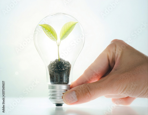 Hand holding a light bulb with a growing green plant inside, symbolizing sustainable energy, environmental protection, renewable resources, eco innovation, and green business development.