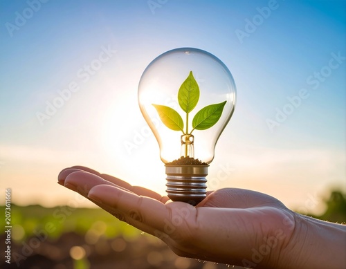 Hand holding a light bulb with a growing green plant inside, symbolizing sustainable energy, environmental protection, renewable resources, eco innovation, and green business development.