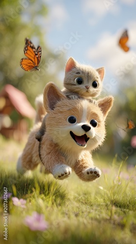 Cute fluffy chibi kitten riding on the back of a happy chibi corgi pup in a sunny meadow with butterflies