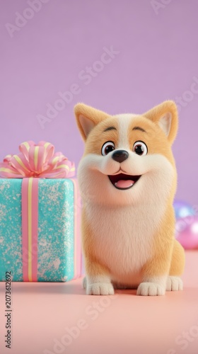 Cute fluffy corgi puppy sitting next to a colorful gift box with a pink bow, celebrating a special occasion
