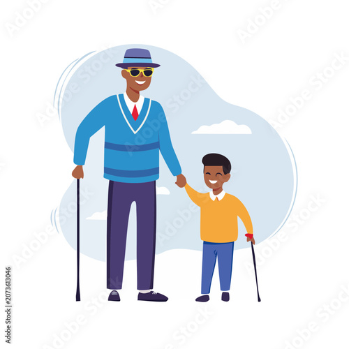 Grandfather and grandson walking together with canes