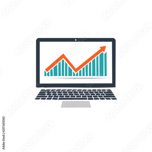 Laptop with rising graph on screen, flat vector illustration