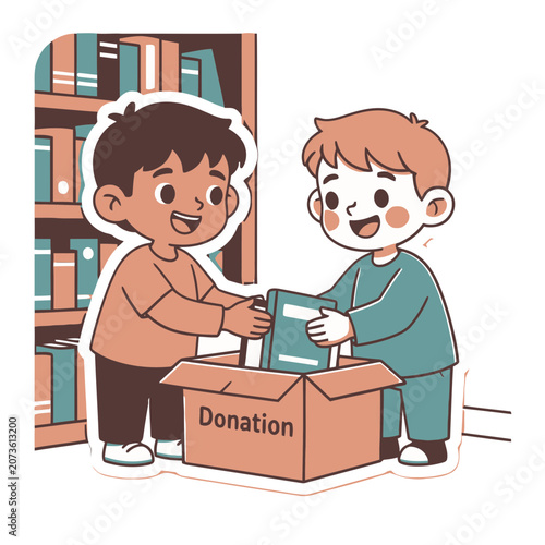 Two boys donating books to a charity box