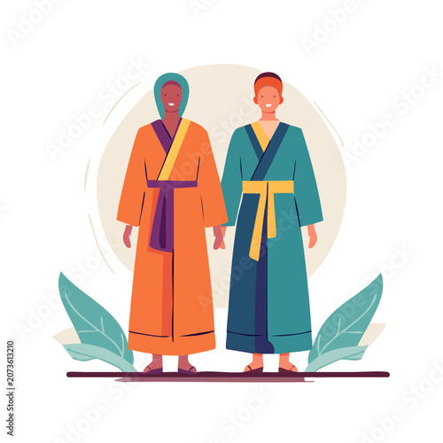 Two People in Traditional Robes, Flat Vector Illustration