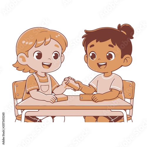 Cartoon children arm wrestling at a school desk