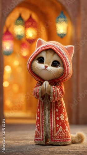 Cute fluffy kitten wearing a traditional red and gold robe with a hood, standing with paws together