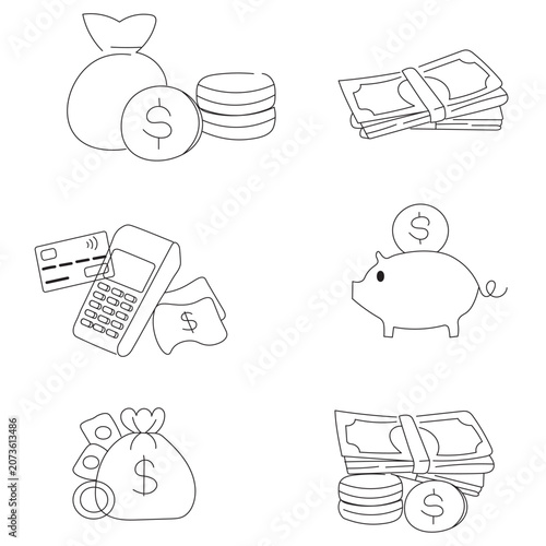 Bild auf Leinwand Set de dibujos iconos de dinero monedas y billetes
