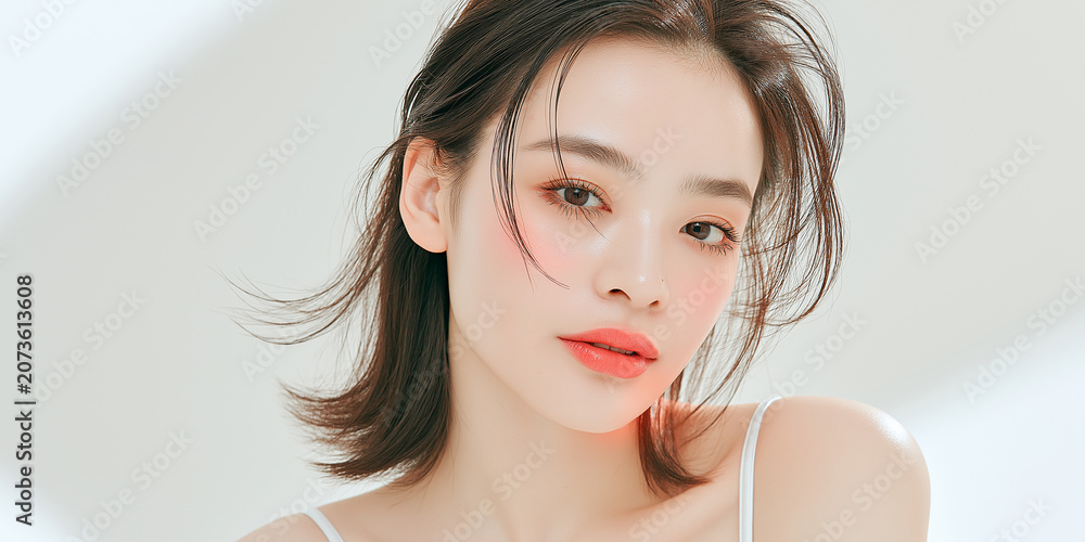 Fototapeta premium 美容, 女性, スキンケア, 化粧品, ビューティー, 若い女性, 美肌, 日本人, アジア人, フェイシャル, メイク, 美容液, 保湿, クリーム, エイジングケア, 美容医療, エステ, 美容クリニック, 肌ケア, ナチュラルメイク, 透明感, ツヤ肌, モデル, 笑顔, ポートレート, クローズアップ, リラックス, 癒し, 健康的, 美白, コラーゲン, ヒアルロン酸, アンチエイジング