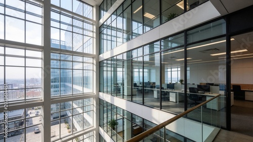 Modern glass architectural building interior with multilevel office workspaces for corporate real estate business headquarters and construction design